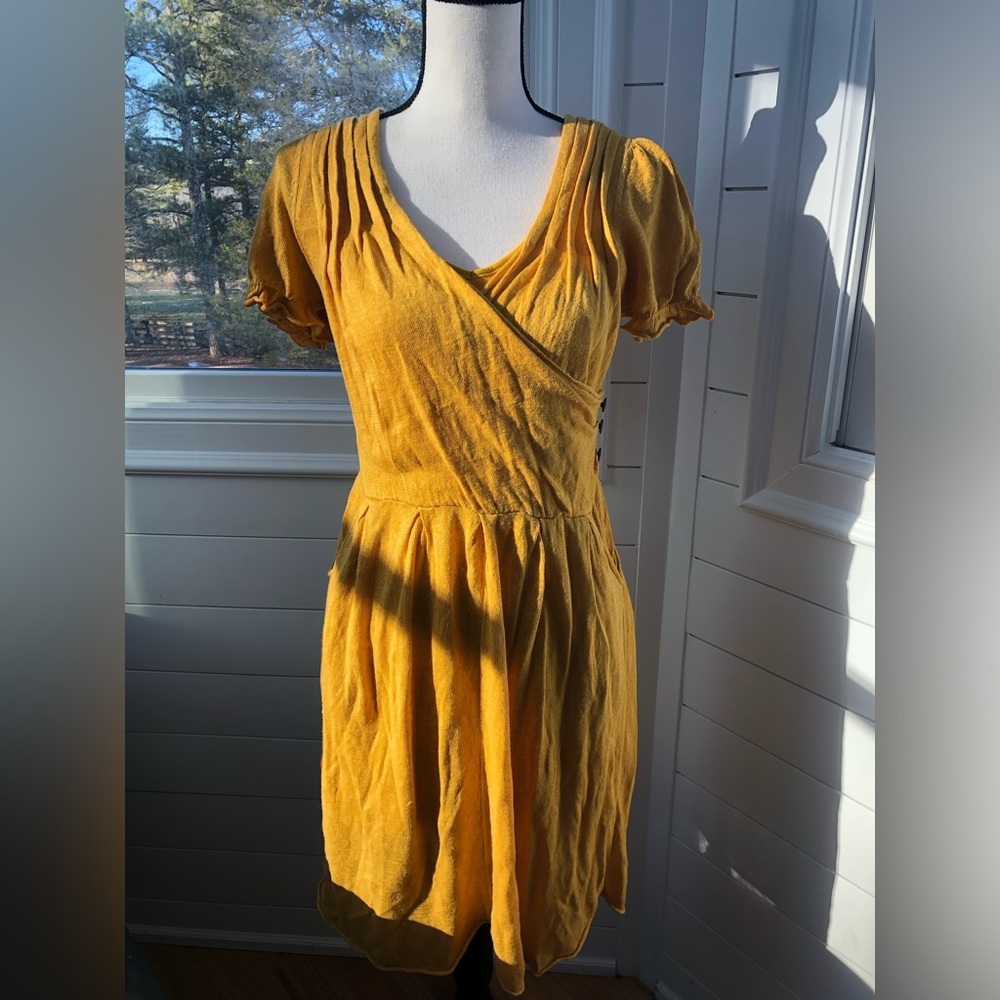 Mustard Yellow Midi Wrap Dress with Puff Sleeves